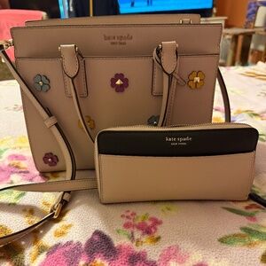Kate Spade Beige Satchel with Floral Accents With Wallet